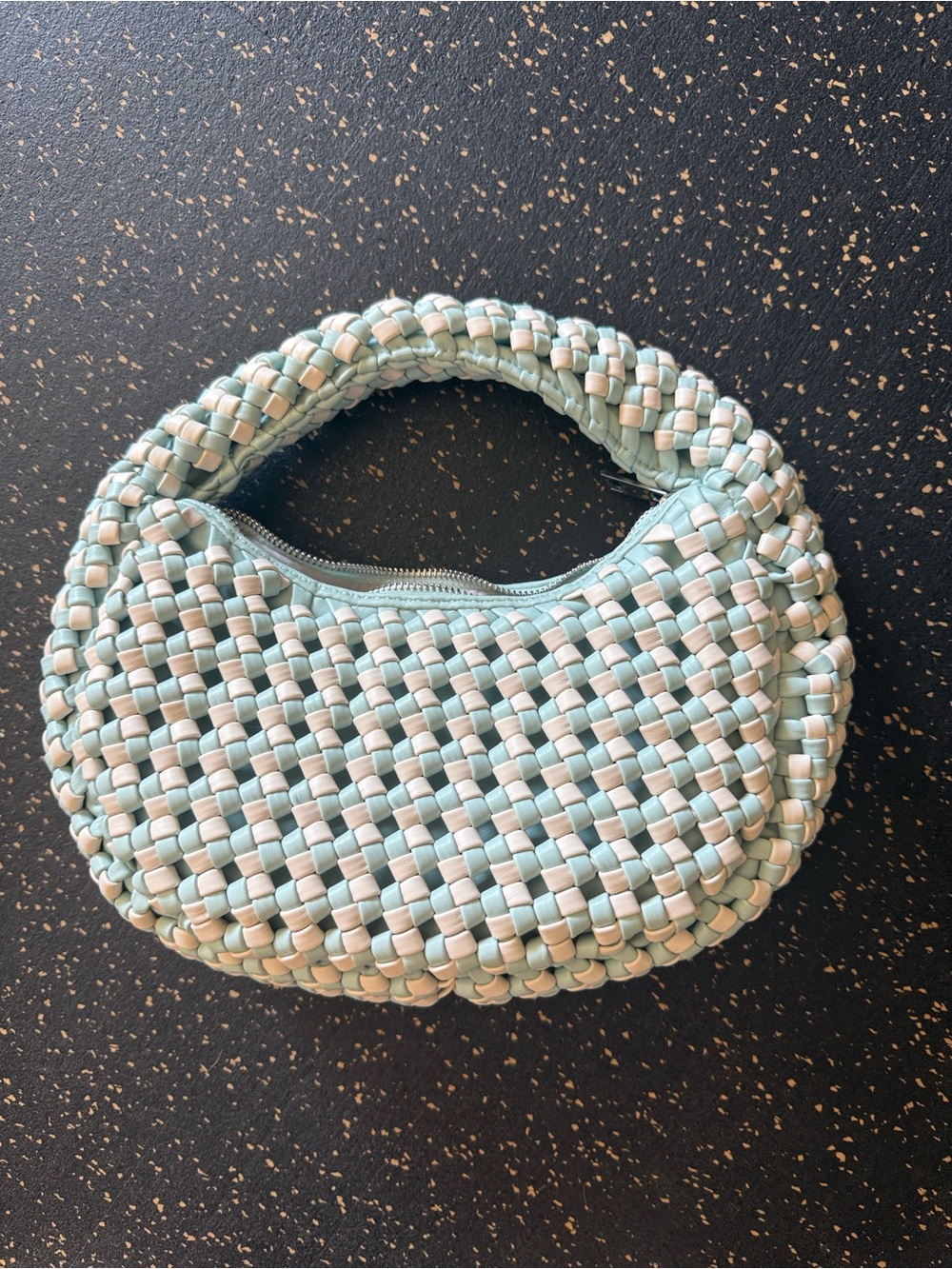 Woven Crescent Shoulder Bag in Baby Blue and Cream by Sincerely Jules